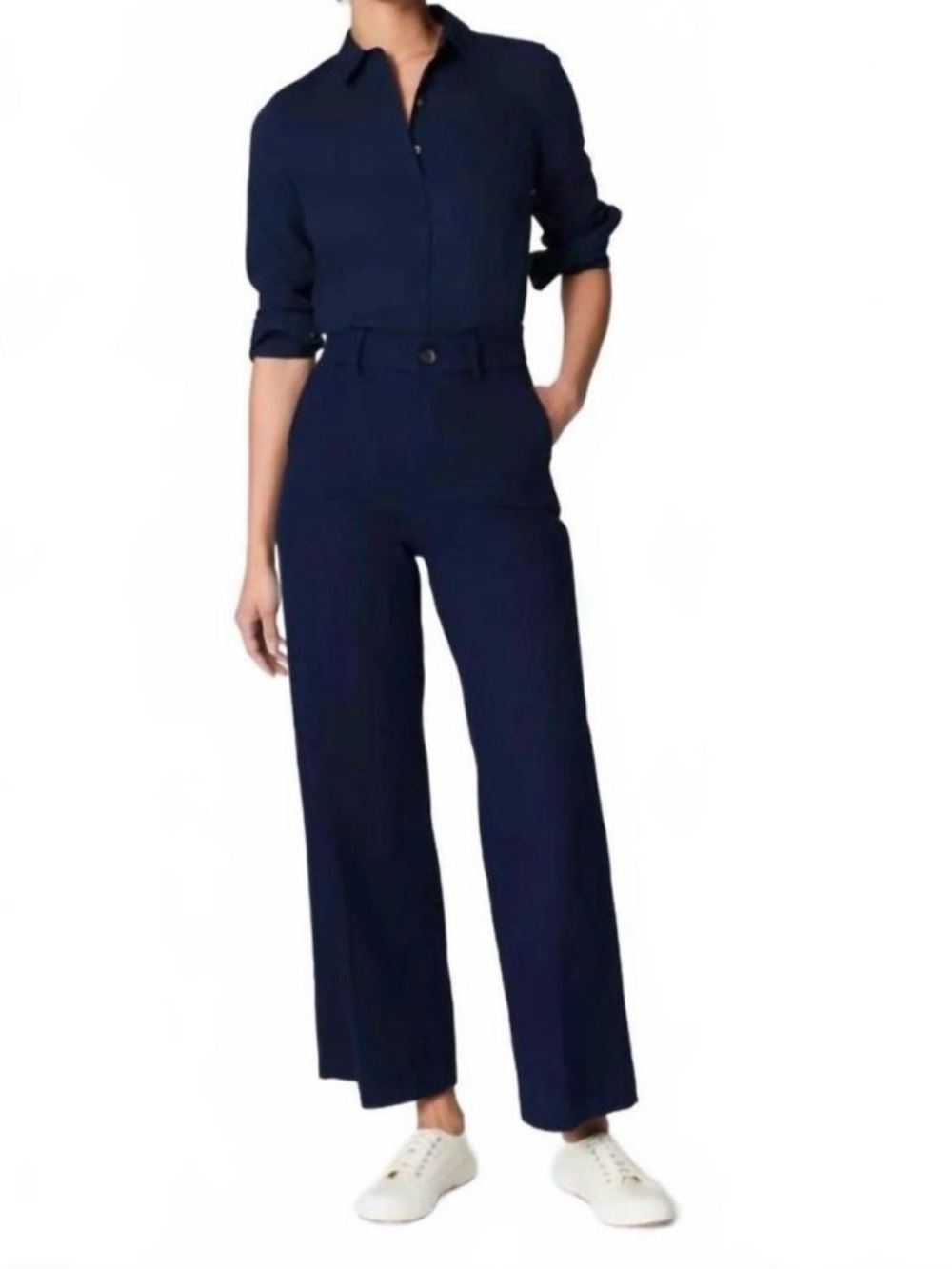 New SPANX Stretch Twill Wide Leg Cropped 2.0 Pants  Size L Petite Navy Blue NWT